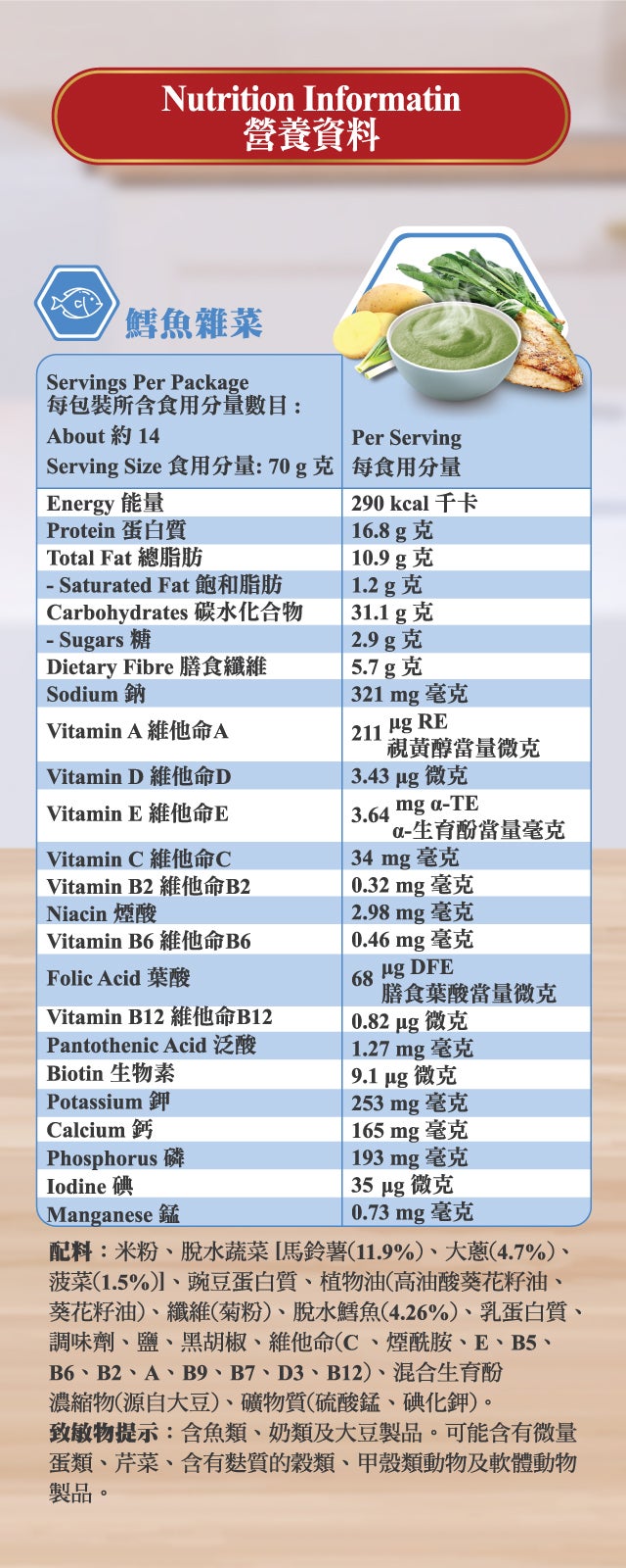 營養資訊標籤，顯示魚菜配料和營養成分