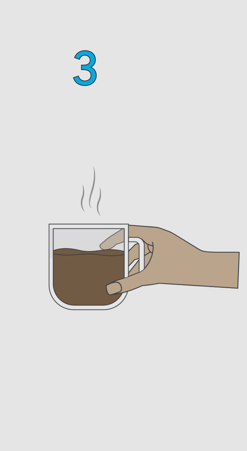 Hand holding a steaming cup of coffee with the number three above