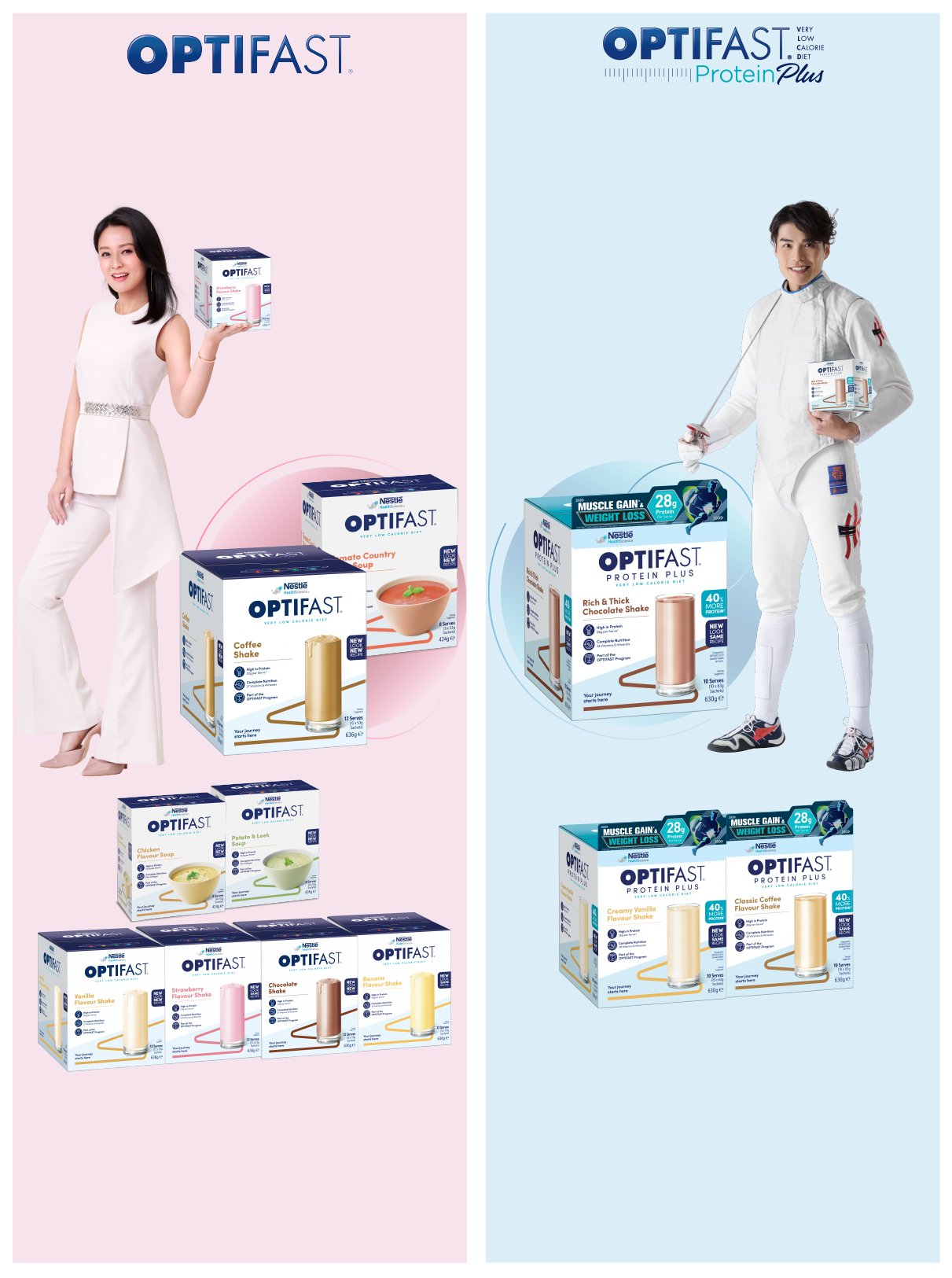 OPTIFAST產品展示，包括蛋白質搖乳、湯和減肥搖乳