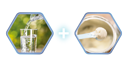 佳膳益生沖調示意圖片：清水加入營養粉，成人營養奶粉標準沖調方法