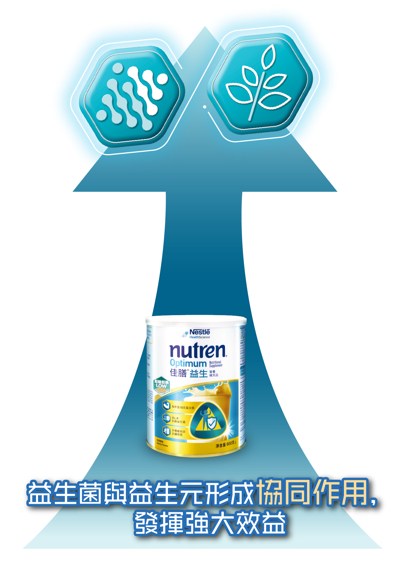 NUTREN OPTIMUM 佳膳益生 配方說明圖片：L.P. 乳酸益生菌與 PREBIO 1 益菌生纖維協同作用，支持腸道健康及免疫力