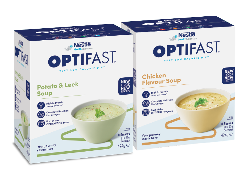 OPTIFAST®瘦身代餐馬鈴薯及濃湯與雞湯味濃湯，每份提供20.4克蛋白質、完整營養及膠原蛋白