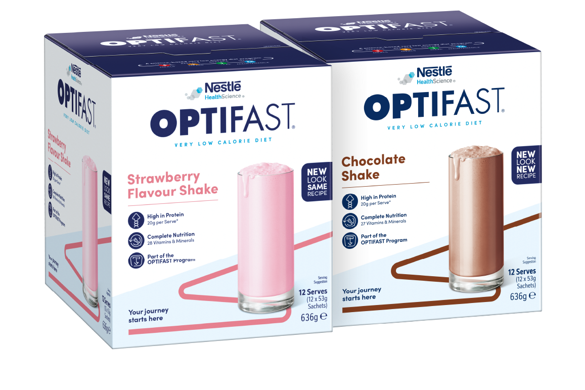 OPTIFAST®士多啤梨味及朱古力味完整營養奶昔，每份含20克蛋白質，適合配合分級纖體計劃