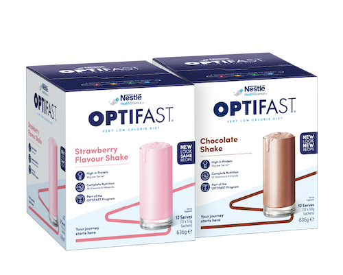 OPTIFAST®士多啤梨味及朱古力味完整營養奶昔，每份含20克蛋白質，適合配合分級纖體計劃