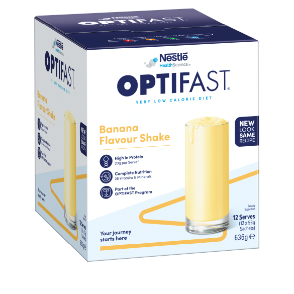 OPTIFAST®瘦身代餐香蕉味奶昔，每份提供20克蛋白質及28種維他命和礦物質，提供完整營養並配合體重管理計劃