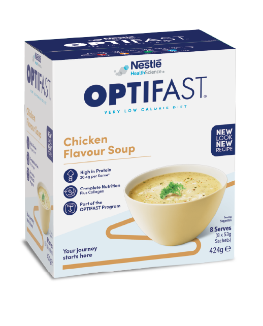 OPTIFAST®瘦身代餐雞湯味濃湯，每份提供20.4克蛋白質、完整營養及膠原蛋白，提供鹹味代餐選擇