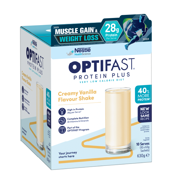 OPTIFAST® Protein Plus高蛋白瘦身代餐香滑雲呢拿味奶昔，每份提供28克蛋白質及28種維他命和礦物質，蛋白質含量增加40%，配合體重管理及肌肉營養需要