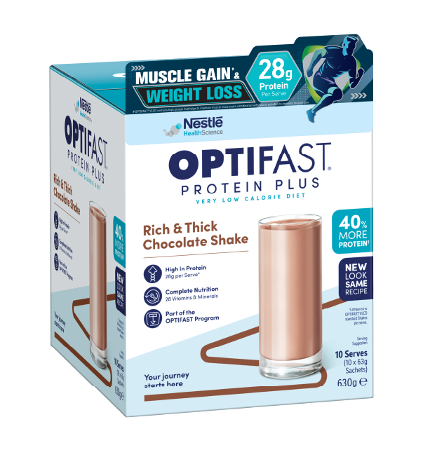 OPTIFAST® Protein Plus高蛋白瘦身代餐濃厚朱古力味奶昔，每份提供28克蛋白質及28種維他命和礦物質，蛋白質含量增加40%，配合體重管理及肌肉營養需要