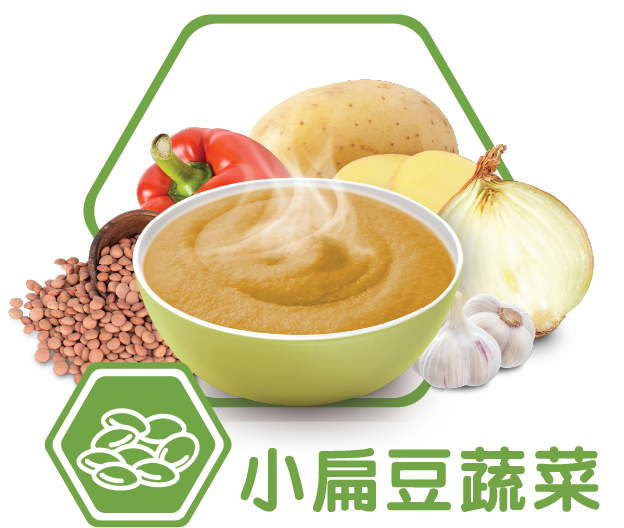 THICKENUP® INSTANT PUREE 快凝寶®即食營養糊餐小扁豆蔬菜口味，展示小扁豆、番茄、洋蔥、蒜頭、薯仔及一碗質感軟滑糊餐