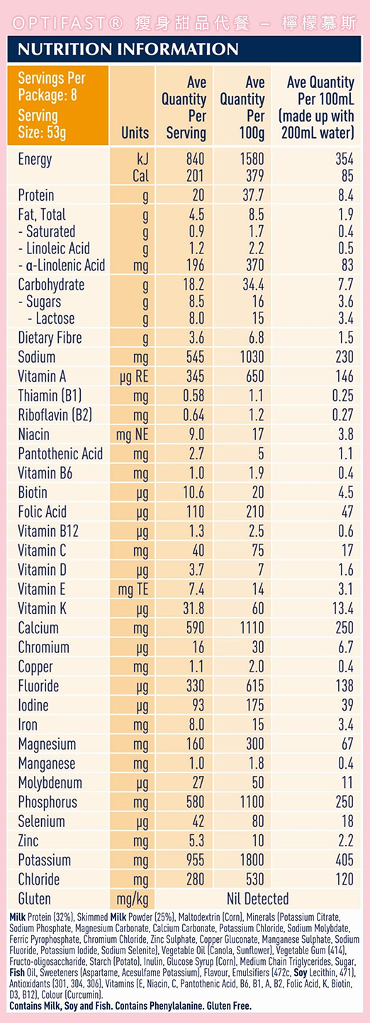 Optifast lemon nutrition information